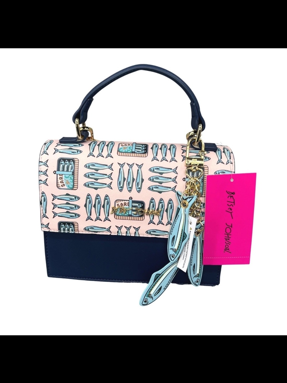 NWT Betsey Johnson Navy Handbag Long Strap Shoulder Bag Sardines Design & Charm